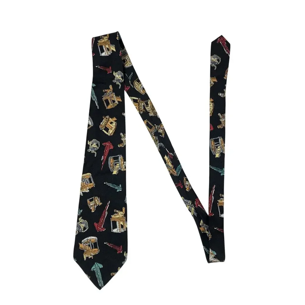 Fishing Silk Neck Tie USA Navy Blue Lures and Reels Red Tan Vintage Outdoors
